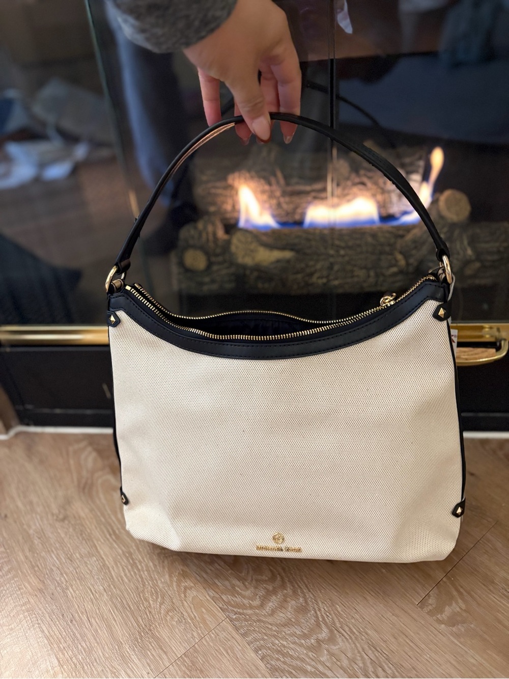 Michael Kors Cream Canvas Shoulder Bag with Black Trim